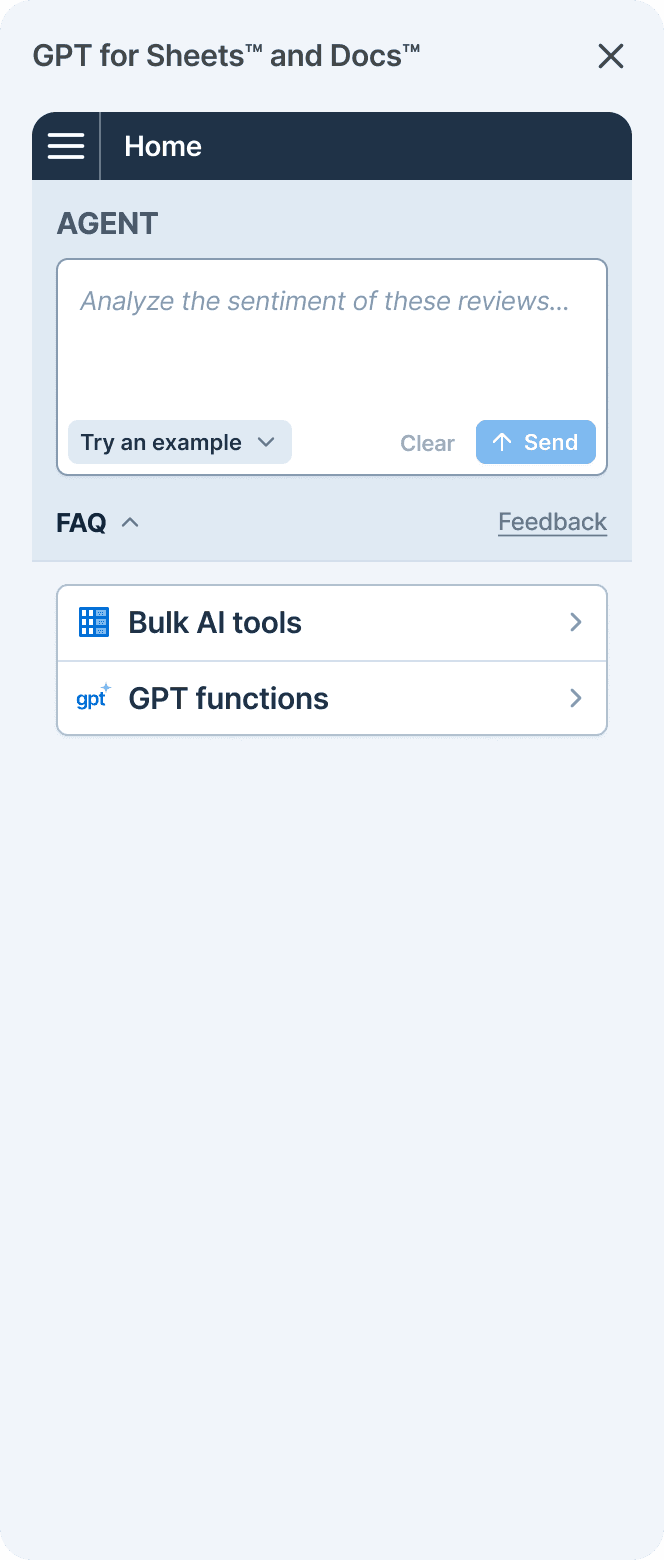 GPT for Sheets Agent prompt box with shortcuts to bulk AI tools and GPT functions
