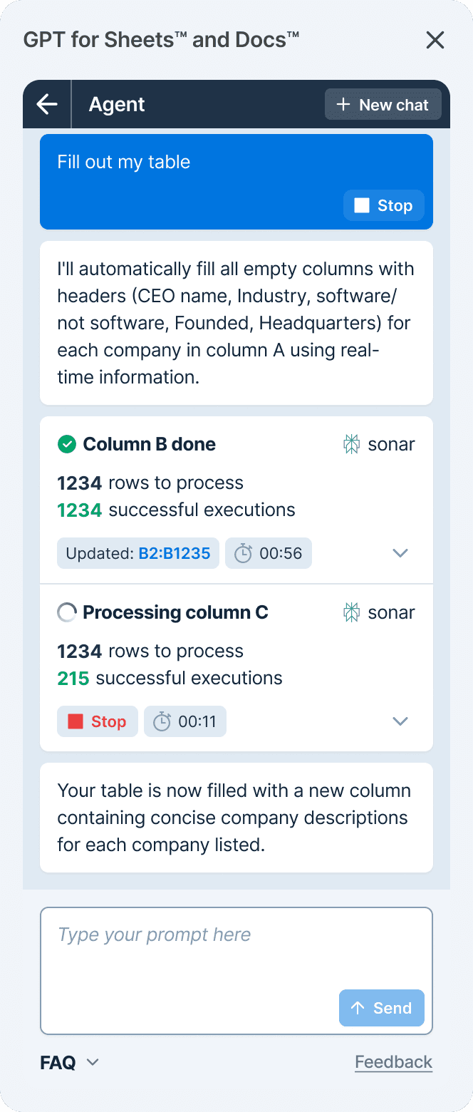 GPT for Sheets Agent processing 1,234 company-research rows across spreadsheet columns