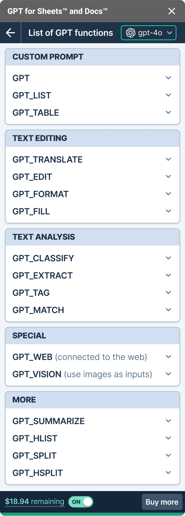 GPT for Sheets sidebar listing custom, editing, analysis, web, and vision functions