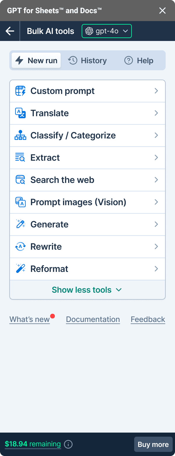 GPT for Sheets bulk AI tools menu for prompting, translating, classifying, searching, and rewriting