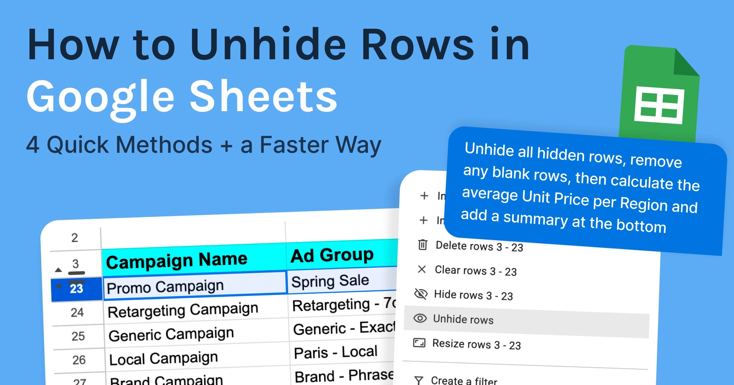 How to Unhide Rows in Google Sheets (4 Quick Methods + a Faster Way)