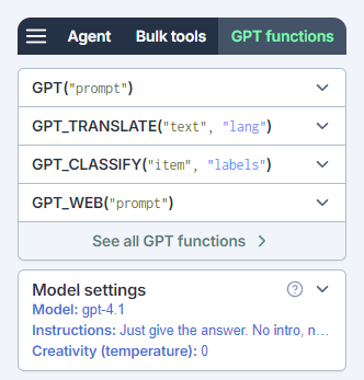 List of GPT functions in the GPT for Sheets sidebar
