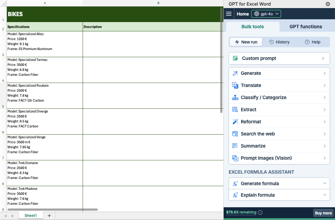 Workbook with GPT for Excel sidebar