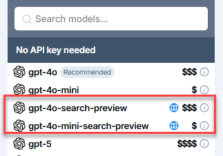 OpenAI gpt-4o search preview models without an API key