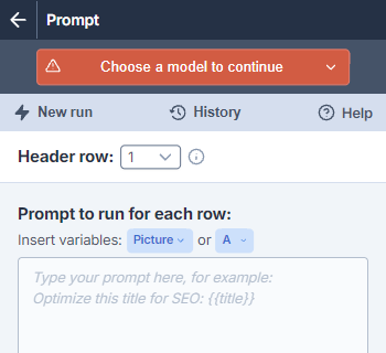 Choose a model to continue button in GPT for Excel