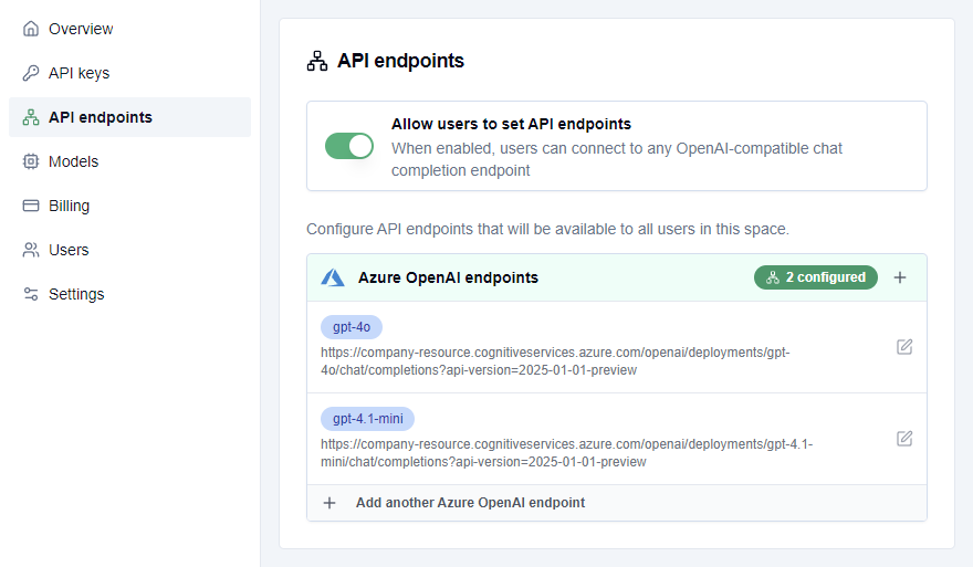 Azure OpenAI endpoints in the dashboard