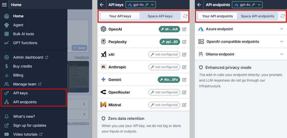 Separate pages for API keys and API endpoints in GPT for Excel