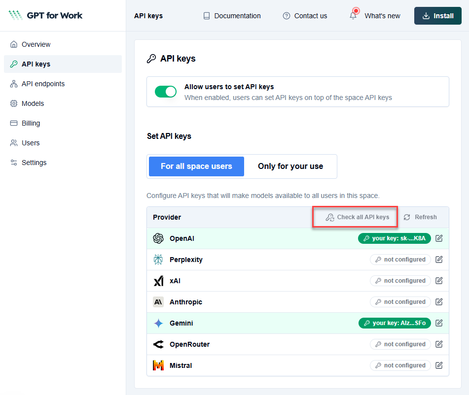 Check the validity of API keys in the dashboard